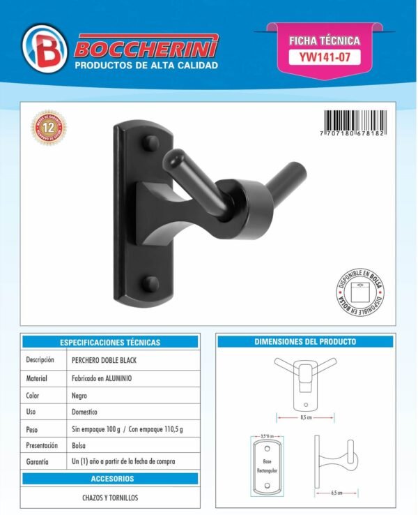 Ficha técnica Perchero Doble Base Rectangular en Aluminio Color Negro