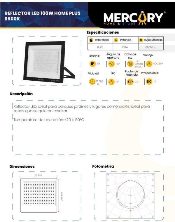 reflector-led-exterior-100w-luz-fria-6500k-ip65-mercury-home-plus-ficha-tecnica Ficha técnica Reflector LED Exterior 100W Luz Fría 6500K IP65 — Mercury Home Plus