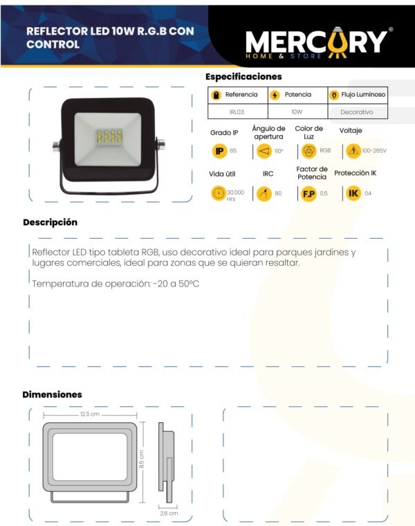 Ficha técnica Reflector LED Exterior 10W RGB Multicolor IP65 — Mercury