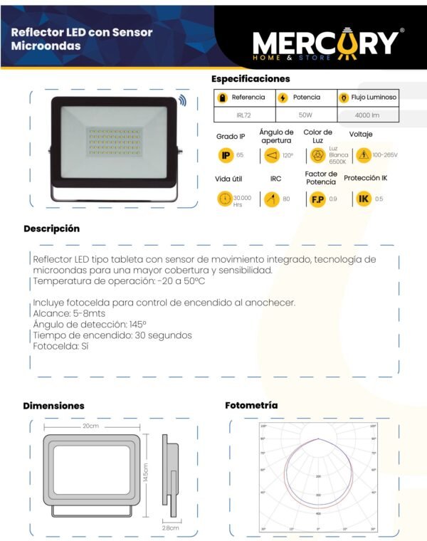 Ficha técnica Reflector LED Exterior 50W con Sensor de Movimiento IP65 — Mercury