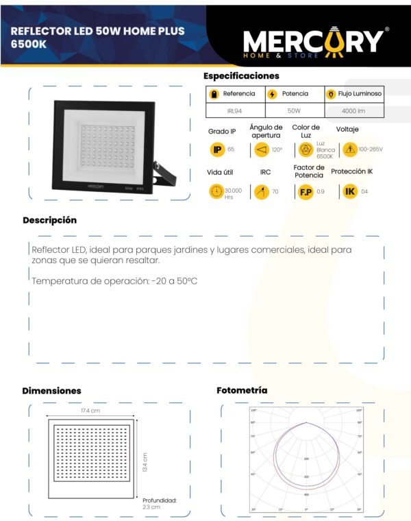 Ficha técnica Reflector LED Exterior 50W Luz Fría 6500K IP65 — Mercury Home Plus