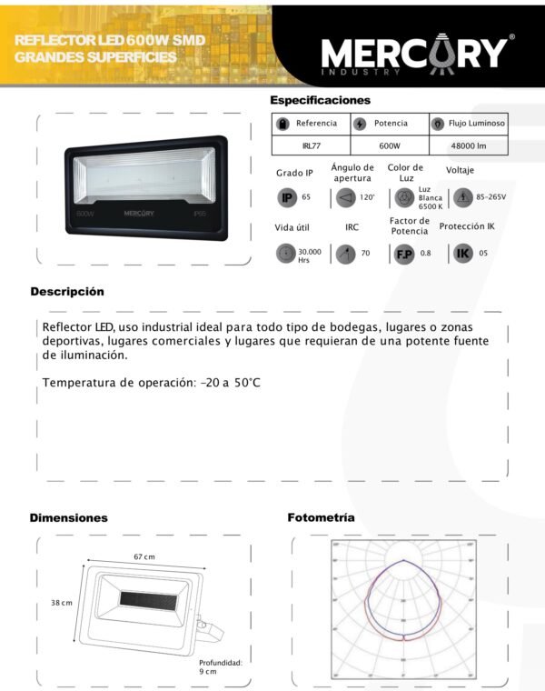 reflector-led-exterior-600w-luz-fria-6500k-ip65-mercury-ficha-tecnica-1 Ficha técnica Reflector LED Exterior 600W Luz Fría 6500K IP65 — Mercury