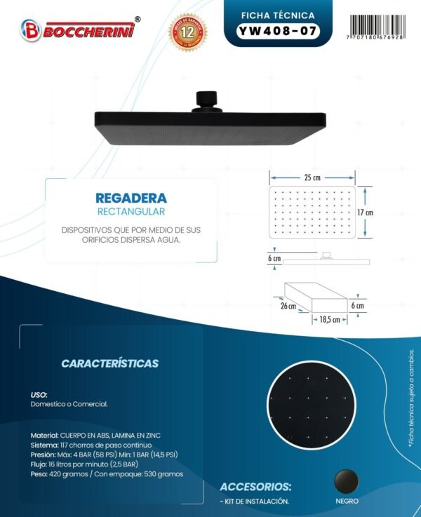 Ficha técnica Regadera Rectangular Plastica Negra 25cmx17cm