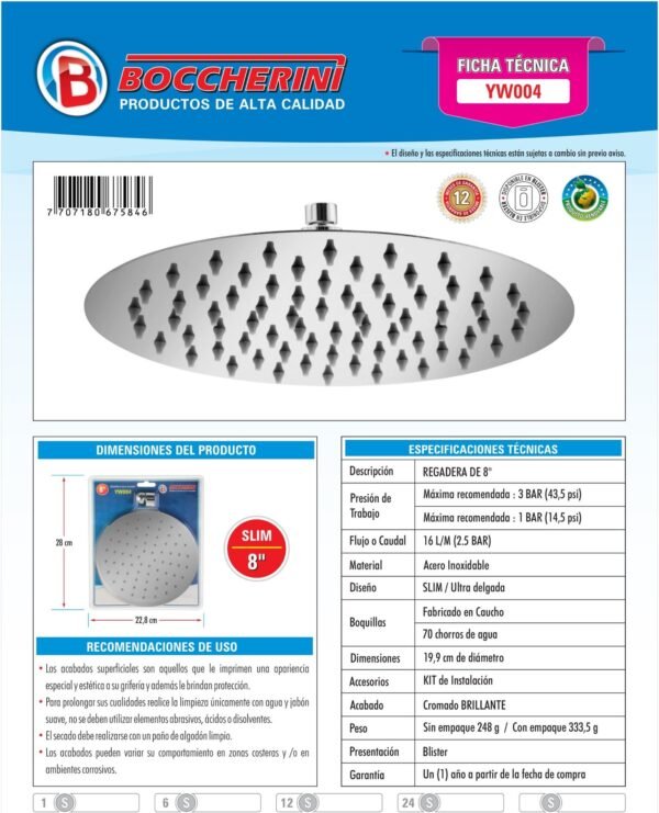 Ficha técnica Regadera Redonda en Acero Inoxidable de 8