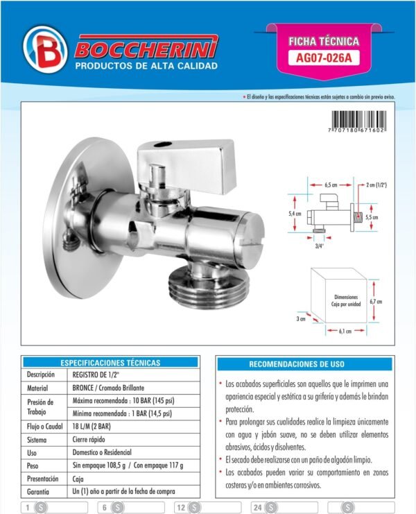 Ficha técnica Registro una Salida en Bronce 1/2 X3/4 (incluye Escudo)
