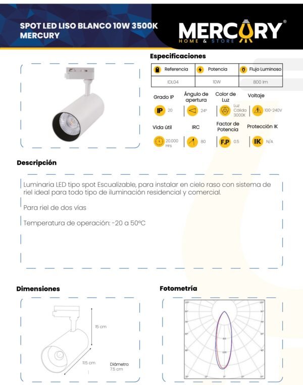 spot-led-para-riel-blanco-10w-luz-calida-3000k-mercury-ficha-tecnica Ficha técnica Spot LED para Riel Blanco 10W Luz Cálida 3000K — Mercury