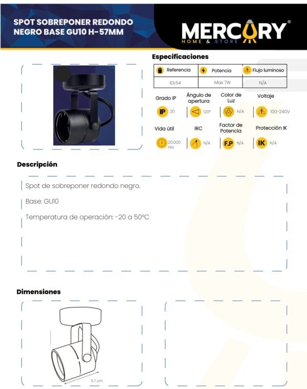 Ficha técnica Spot LED Sobreponer Redondo GU10 Negro — Mercury