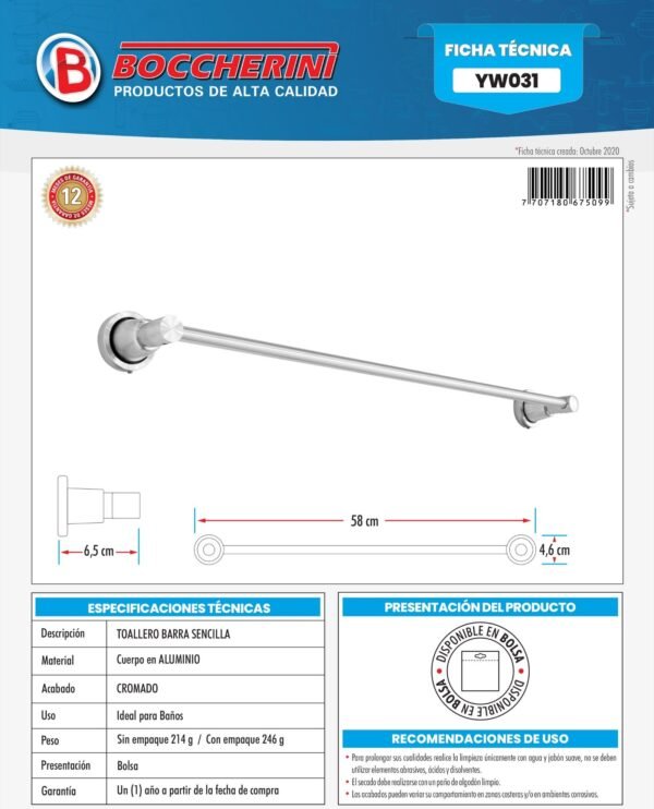 Ficha técnica Toallero Barra Sencilla en Aluminio Base Redonda