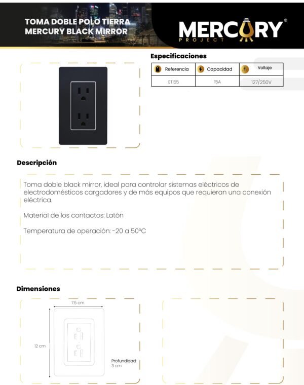 Ficha técnica Toma Doble Polo a Tierra Negra Espejo — Mercury Black Mirror