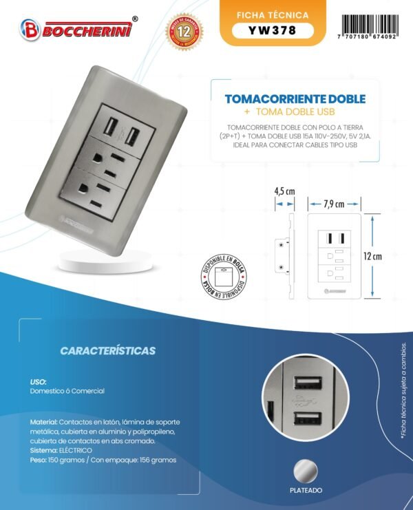 Ficha técnica Tomacorriente Doble con Polo A Tierra (2P+T) + Toma Doble USB 15A 110V-250V 5V 2 1A Color Plateado