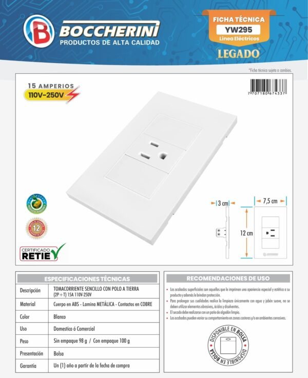 Ficha técnica Tomacorriente Sencillo con Polo A Tierra (2P+T) 15A 110V-250V Color Blanco