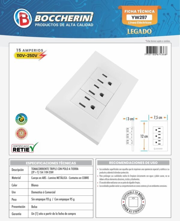 Ficha técnica Tomacorriente Triple con Polo A Tierra (2P+T) 15A 110V-250V Color Blanco