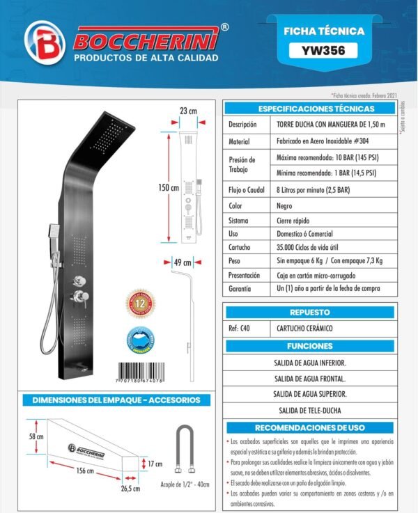Ficha técnica Torre Ducha en Acero Inox #304 Negra con Manguera de 1.50mts 4 Funciones