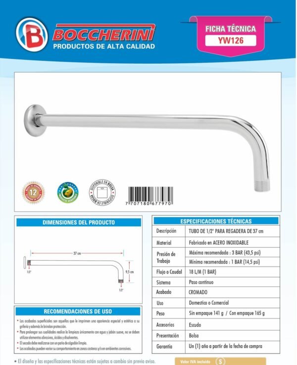 Ficha técnica Tubo de 1/2 en Acero Inoxidable para Regadera de 37cm Cromado