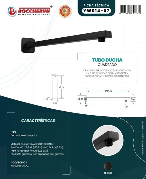 Ficha técnica Tubo de Ducha Cuadrado 3cm x 40cm Color Negro