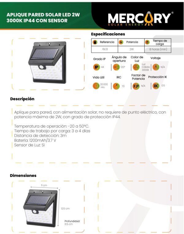 Ficha técnica Aplique Solar 2W con Sensor 3000K — Mercury