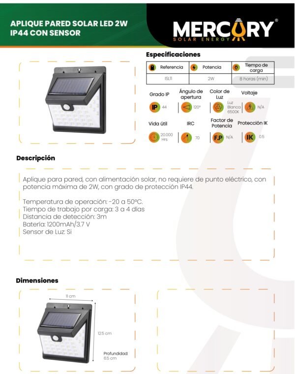 Ficha técnica Aplique Solar 2W con Sensor 6500K — Mercury