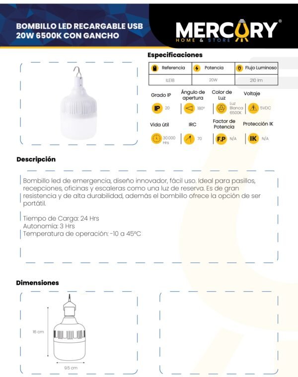 Ficha técnica Bombillo LED de Emergencia Recargable 20W — Mercury