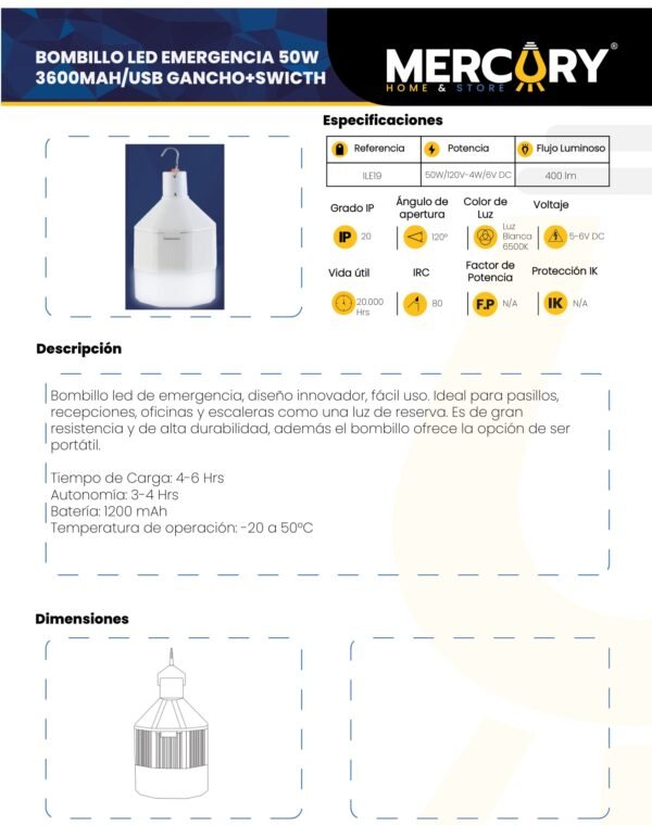 Ficha técnica Bombillo LED de Emergencia Recargable 50W — Mercury