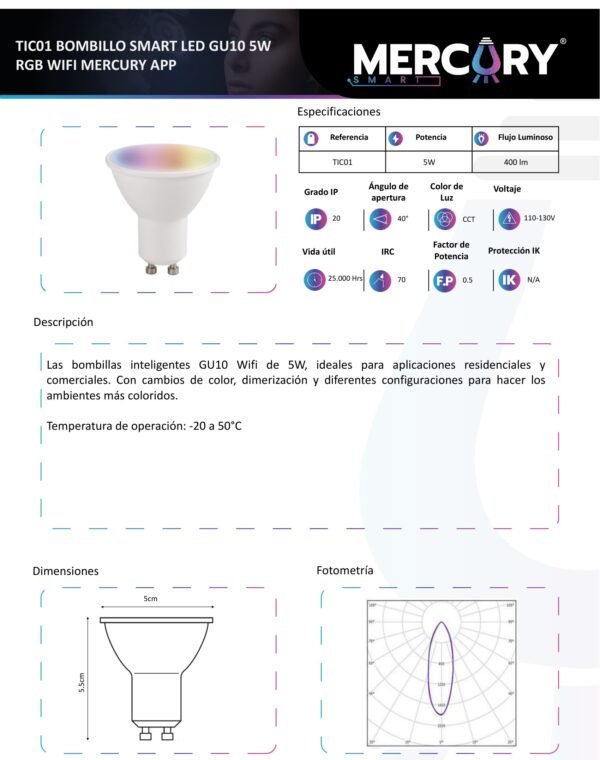 Ficha técnica Bombillo LED GU10 5W — Mercury