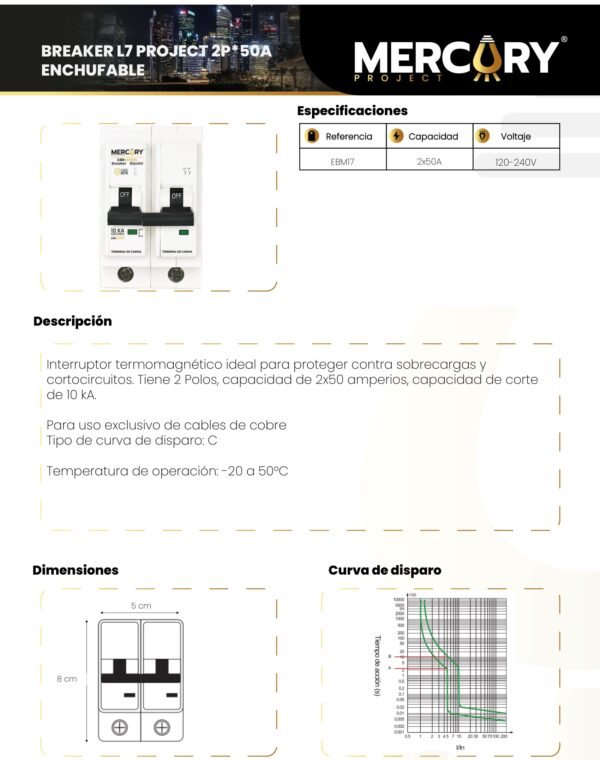 Ficha técnica Breaker L7 Project 2P 50A Enchufable — Mercury