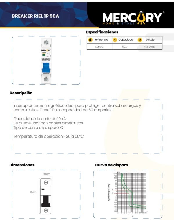 Ficha técnica Breaker Riel 1P 50A — Mercury