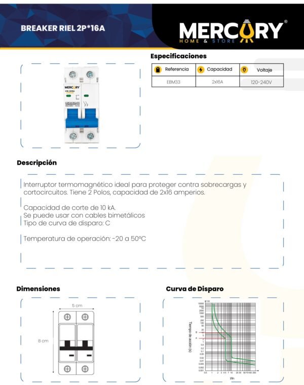 Ficha técnica Breaker Riel 2P 16A — Mercury