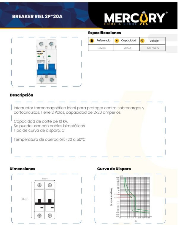 Ficha técnica Breaker Riel 2P 20A — Mercury