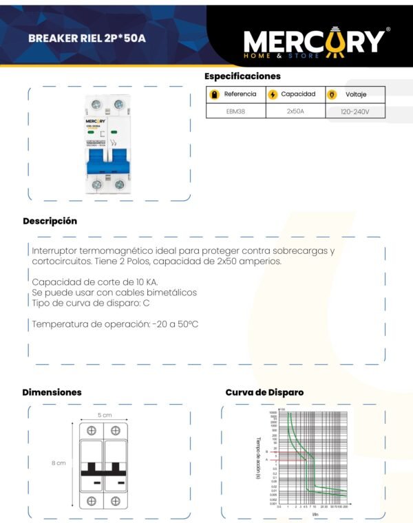Ficha técnica Breaker Riel 2P 50A — Mercury