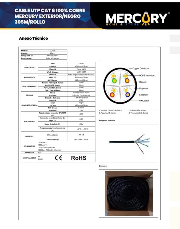 Ficha técnica Cable CAT 6 100% Cobre Exterior/negro 305M Mercury