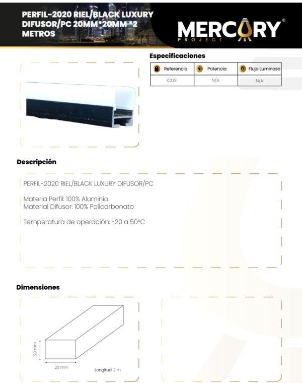 Ficha técnica Canaleta Plástica Perfil 2020 Riel - Black Luxury Difusor/pc 20MM*20MM*2 Metros — Mercury
