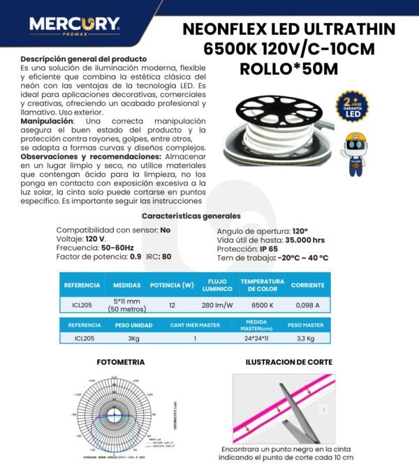 Ficha técnica Cinta Neón Flex LED Luz Fría 6500K 120V x50m — Mercury