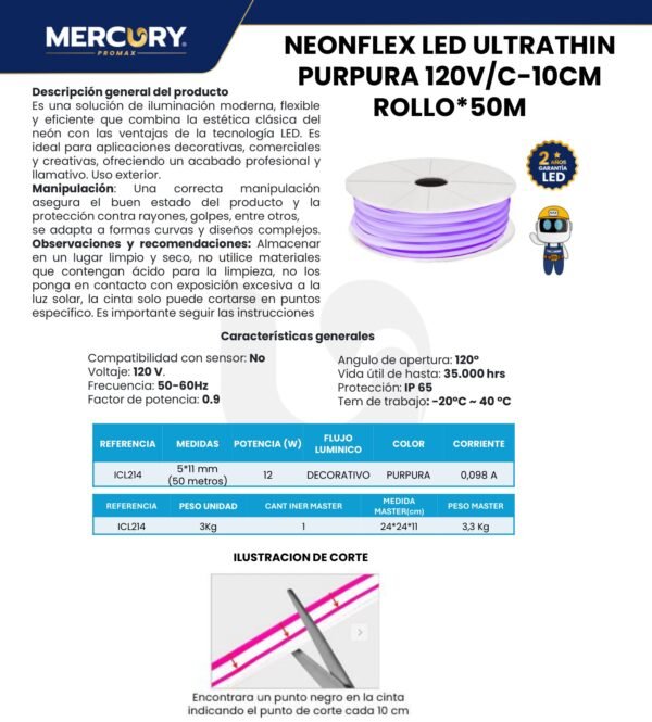 Ficha técnica Cinta Neón Flex LED Púrpura 120V x50m — Mercury