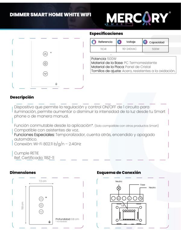 Ficha técnica Dimmer Smart WiFi Touch — Mercury Blanco