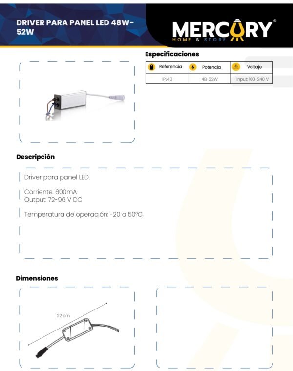 Ficha técnica Driver para Panel LED 60x60 48W — Mercury