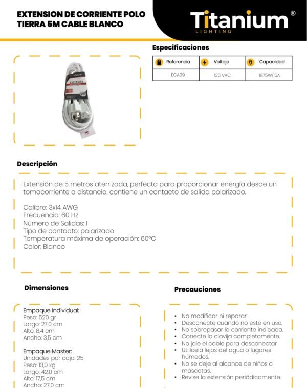 Ficha técnica Extensión Corriente Polo Tierra 5m Blanca