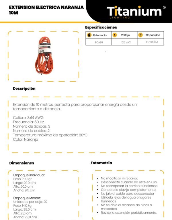Ficha técnica Extensión Eléctrica Naranja 10M — Titanium