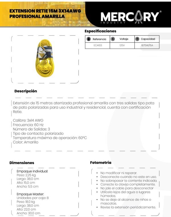Ficha técnica Extensión RETIE 15M 3X14AWG Profesional Amarilla Mercury — Mercury