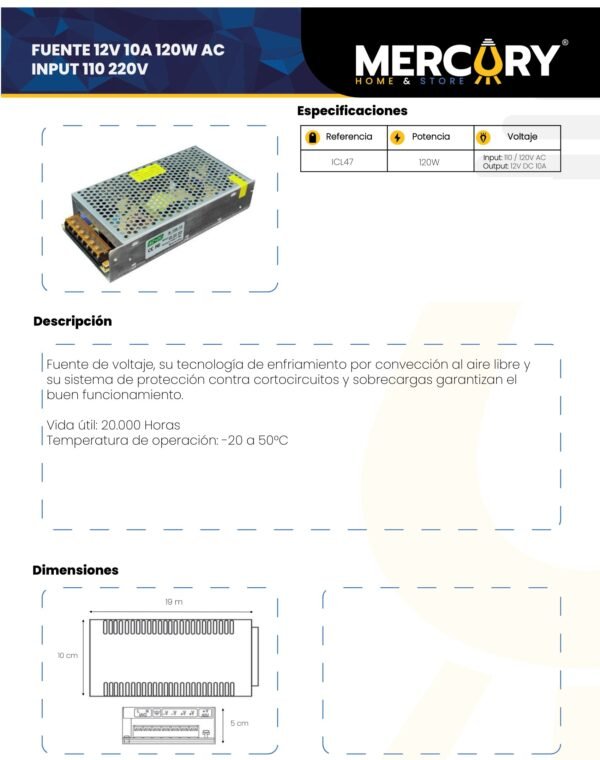 Ficha técnica Fuente Metálica para Cinta LED Fuente 12V 10A 120W Ac Input 110/220V — Mercury