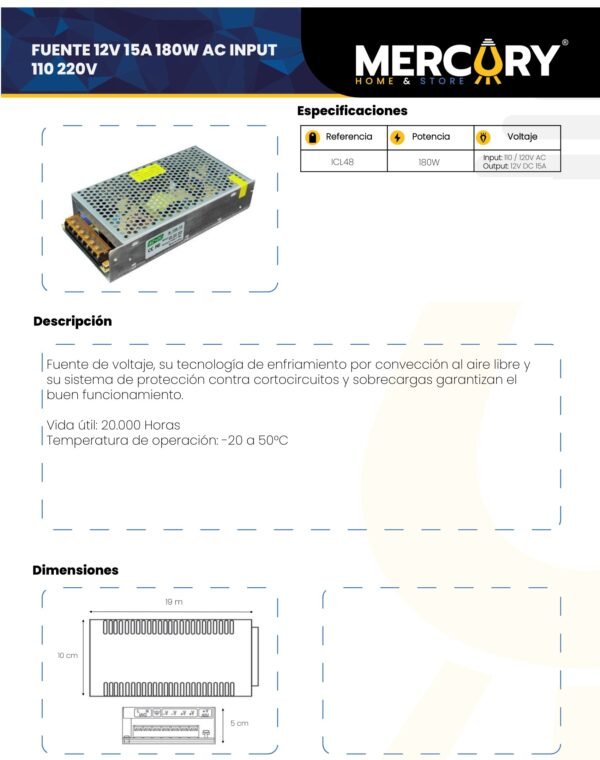 Ficha técnica Fuente Metálica para Cinta LED Fuente 12V 15A 180W Ac Input 110/220V — Mercury