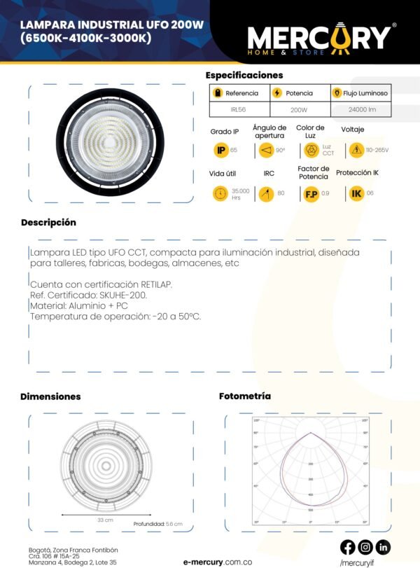 Ficha técnica Lámpara LED Industrial UFO 200W — Mercury