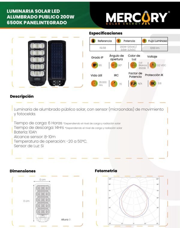 Ficha técnica Luminaria Solar Alumbrado Público 200W — Mercury