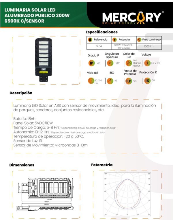 Ficha técnica Luminaria Solar Alumbrado Público 300W — Mercury
