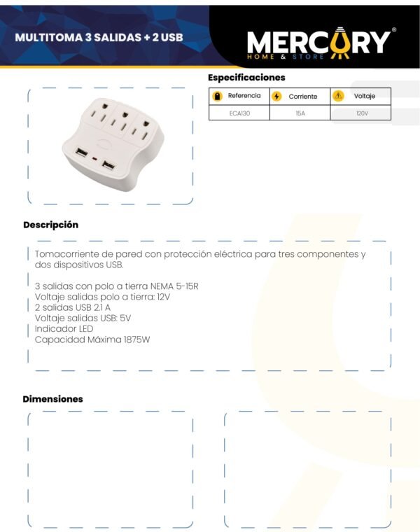 Ficha técnica Multitoma 3 Salidas +2 USB Mercury — Mercury