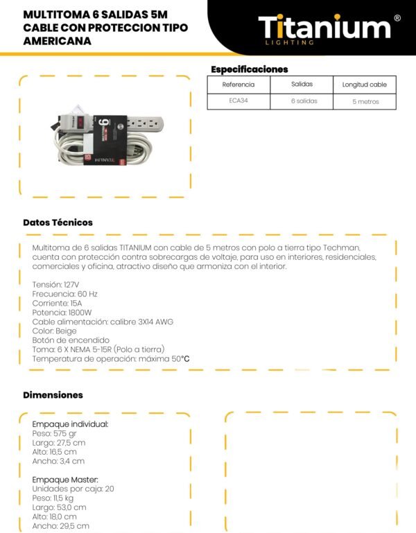Ficha técnica Multitoma 6 Salidas 5M Cable con Protección tipo Americana — Titanium