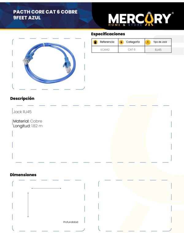 Ficha técnica Patch Cord CAT 6 Cobre 9*FEET Azul Mercury