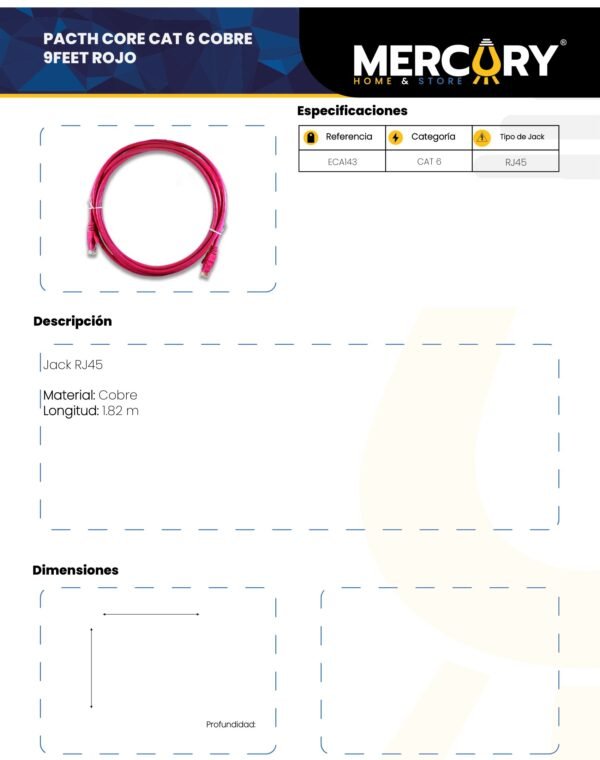 Ficha técnica Patch Cord CAT 6 Cobre 9*FEET Rojo Mercury