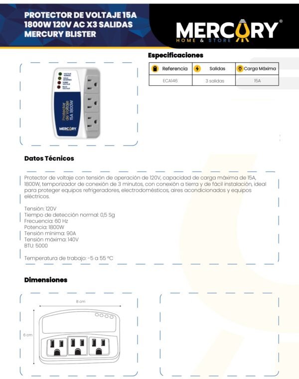 Ficha técnica Protector de Voltaje 15A 1800W 120V Ac — Mercury