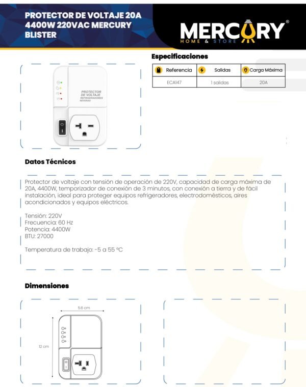 Ficha técnica Protector de Voltaje 20A 4400W 220V/AC — Mercury