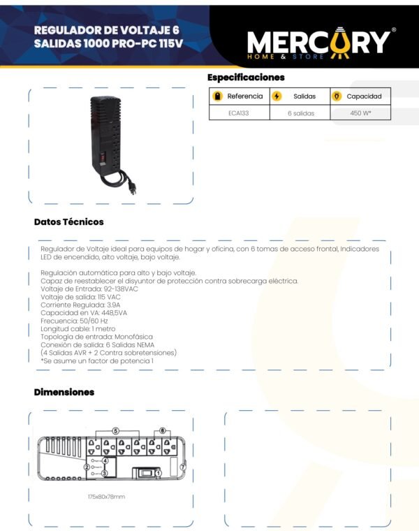 Ficha técnica Regulador de Voltaje 6 Salidas 1000 Pro-pc 115V — Mercury
